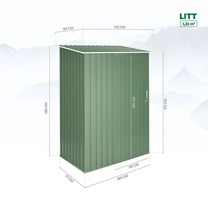 Hoggar Geräteschrank Litt - Außenmaß inkl. Dachüberstand (B x T): 142 x 93 cm, Grün, Aluminium, 1,32 m² - Abbildung eines grünen Metall-Gartenschuppens mit Maßangaben zu Höhe, Breite und Tiefe.