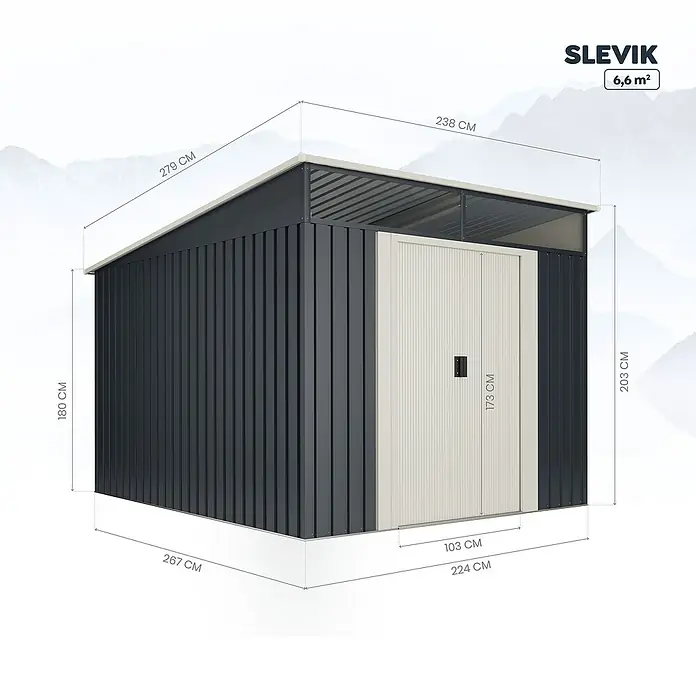 Hoggar Gerätehaus Slevik - Außenmaß inkl. Dachüberstand (B x T): 238 x 279 cm, Anthrazitgrau, Stahl, Grundfläche: 6,6 m² - Das Bild zeigt das Gartenhaus SLEVIK mit seinen Abmessungen. Das Haus ist grau und hat eine weiße Tür.