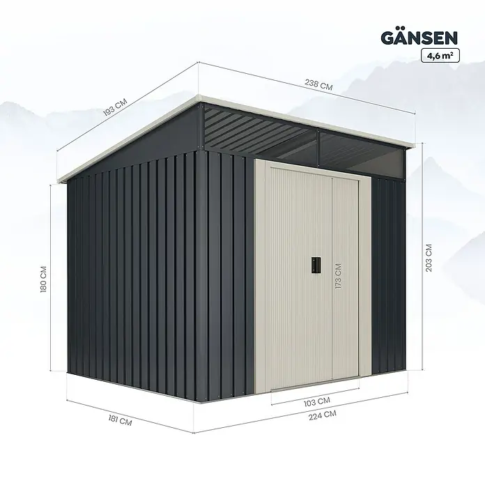 Hoggar Gerätehaus Gänsen II - Außenmaß inkl. Dachüberstand (B x T): 238 x 193 cm, Grundfläche: 4,6 m², Anthrazitgrau, Stahl - Abbildung eines Gartenschuppens GÄNSEN mit seinen Abmessungen, die auf dem Foto dargestellt sind.