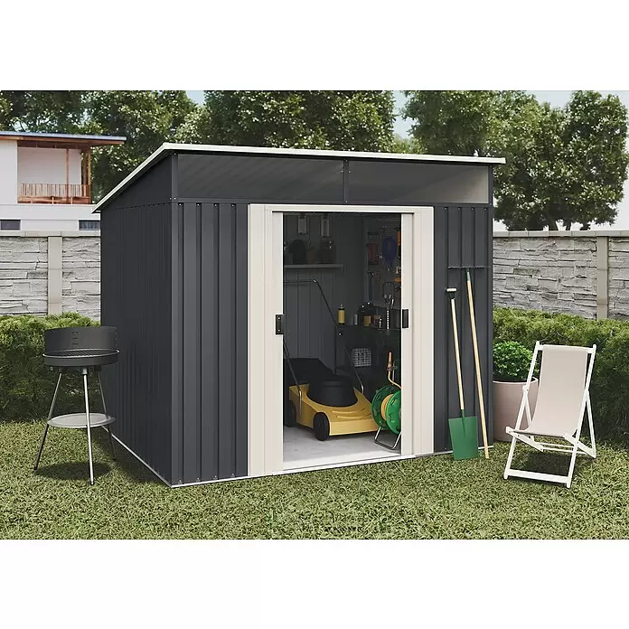 Hoggar Gerätehaus Gänsen II - Außenmaß inkl. Dachüberstand (B x T): 238 x 193 cm, Grundfläche: 4,6 m², Anthrazitgrau, Stahl - Stimmungsaufnahme