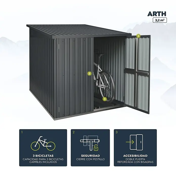 Hoggar Caseta para jardín Arth - Medidas ext. (An x Pr): 204 x 163 cm, Acero, Antracita, 3,2 m² - Imagen de una caseta para bicicletas ARTH con capacidad para 3 bicicletas, incluyendo mecanismo de cierre y puertas reforzadas.