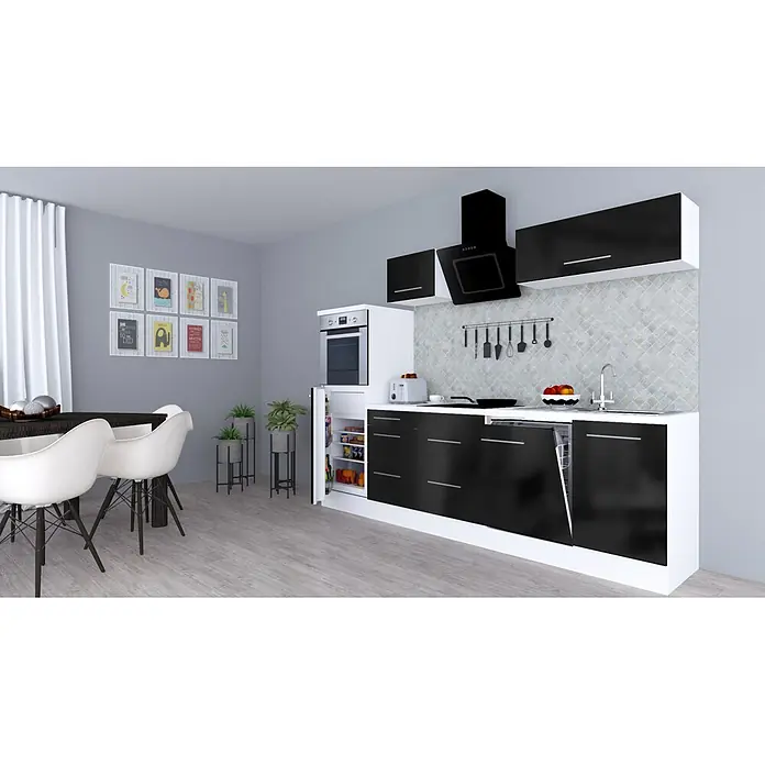 Respekta Premium Composición de cocina Amanda - Ancho: 280 cm, Blanco/Negro, Con electrodomésticos - Cocina moderna blanca y negra con comedor, electrodomésticos integrados y suelo de madera clara.