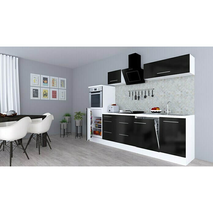 Respekta Premium Composición de cocina (Ancho: 280 cm, Con dispositivos eléctricos, Negro de alto brillo)