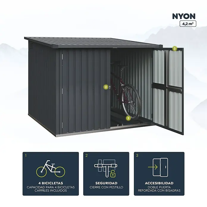 Hoggar Caseta para jardín Nyon - Medidas ext. (An x Pr): 206 x 204 cm, Antracita, Acero, 4,2 m² - Imagen de un cobertizo para bicicletas NYON con capacidad para 4 bicicletas, puerta con cerradura y bisagras reforzadas para fácil acceso.