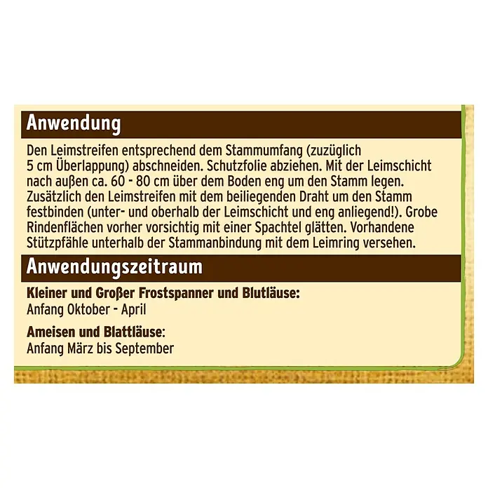 Substral Naturen Leimring - 5 m - Anweisungen zur Anwendung des Leimstreifens zum Schutz von Bäumen vor Schädlingen mit Angabe des Anwendungszeitraums.