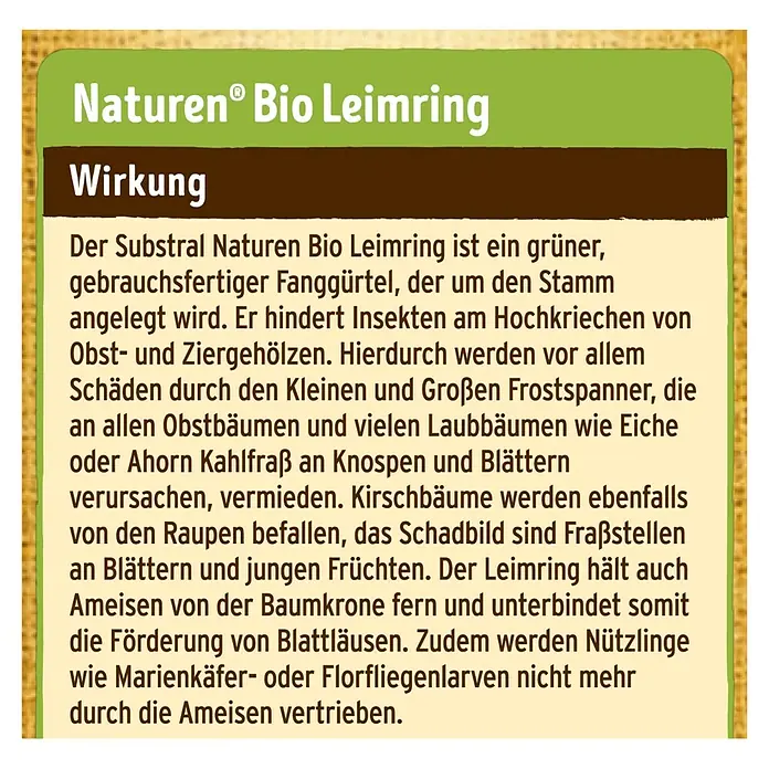 Substral Naturen Leimring - 5 m - Das Bild zeigt einen Text über Naturen® Bio Leimring, einen gebrauchsfertigen Fanggürtel zum Schutz von Obst- und Ziergehölzen vor Insekten.