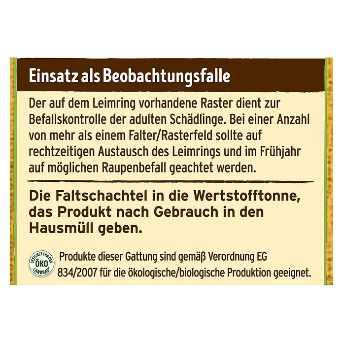 Substral Naturen Leimring - 5 m - Informationstext zur Verwendung einer Schädlingsbekämpfungsfalle mit Hinweisen zur korrekten Entsorgung und Bio-Zertifizierung.