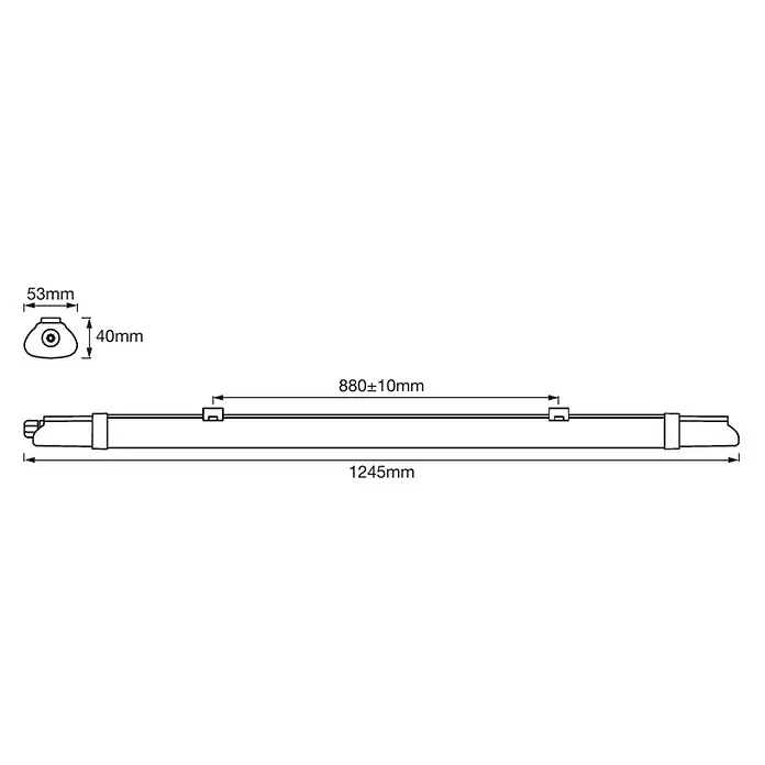 Osram Feuchtraumleuchte Submarine Slim - Länge: 124,5 cm, Lichtfarbe: Neutralweiß, 18 W, IP65 - Zeichnung eines 1245mm langen Linearantriebs mit Abmessungen für Montage und Endstück.