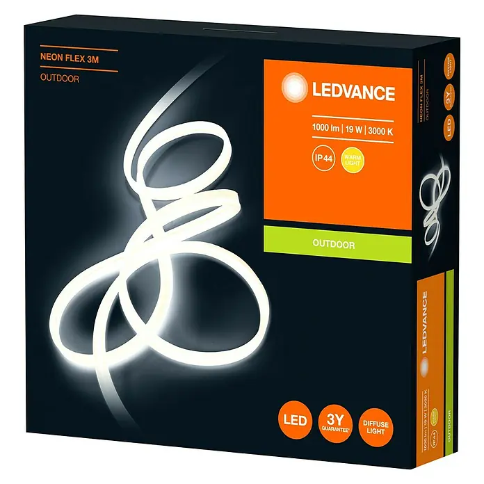 Ledvance LED-Band Outdoor Neon Flex - Länge: 3 m, Lichtfarbe: Warmweiß, 19 W, 1.000 lm - Abbildung einer LEDVANCE Neon Flex 3M Outdoor-Leuchte in ihrer Verpackung.