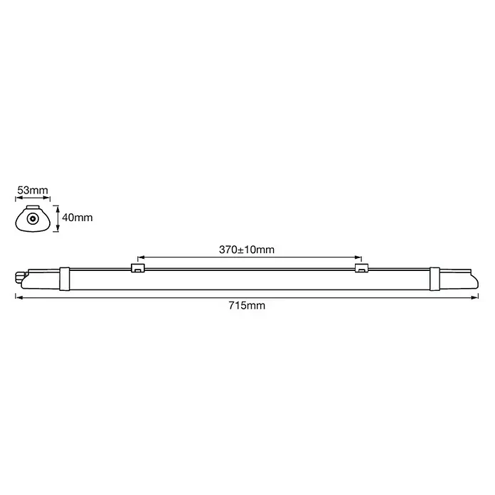 Osram Feuchtraumleuchte Submarine Slim - Länge: 71,5 cm, Lichtfarbe: Neutralweiß, 10 W, IP65 - Technische Zeichnung eines elektronischen Geräts mit Maßangaben.