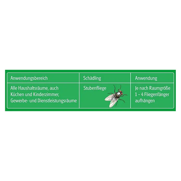 Nexa Lotte Fliegenfänger - 4 Stk. - Informationen zur Anwendung des Produkts: Anwendungsbereich, Schädling (Stubenfliege) und Anwendung (1-4 Fliegenfänger aufhängen).