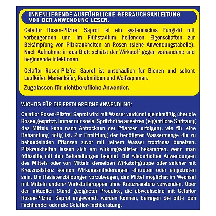 Celaflor Rosen-Pilzfrei Saprol - 100 ml - Informationen zur Anwendung des Celaflor Rosen-Pilzfrei Saprol Fungizids zur Bekämpfung von Pilzkrankheiten bei Rosen.