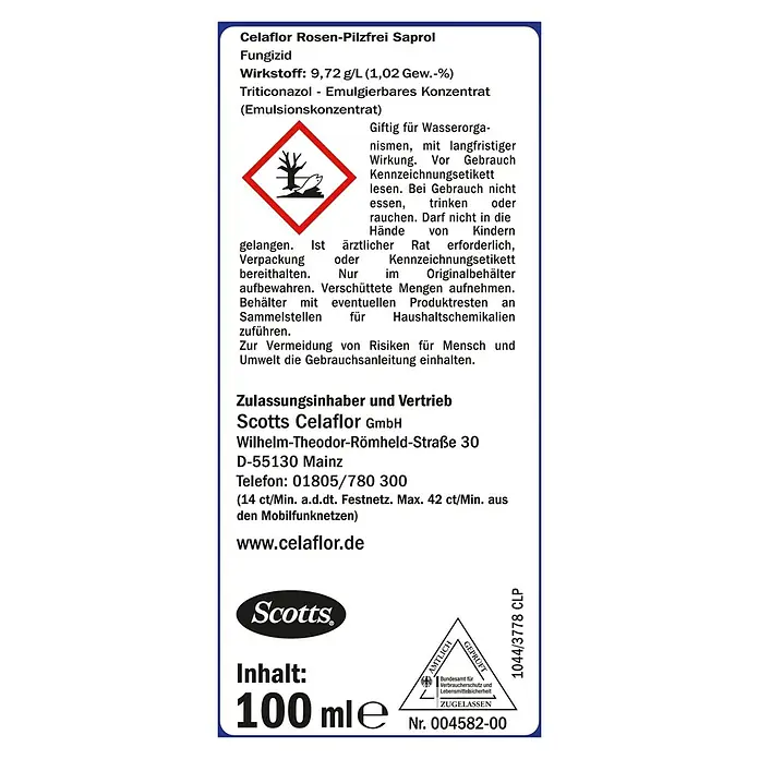 Celaflor Rosen-Pilzfrei Saprol - 100 ml - Abbildung des Etiketts von Celaflor Rosen-Pilzfrei Saprol Fungizid mit Warnhinweisen und Informationen zum Inhalt.
