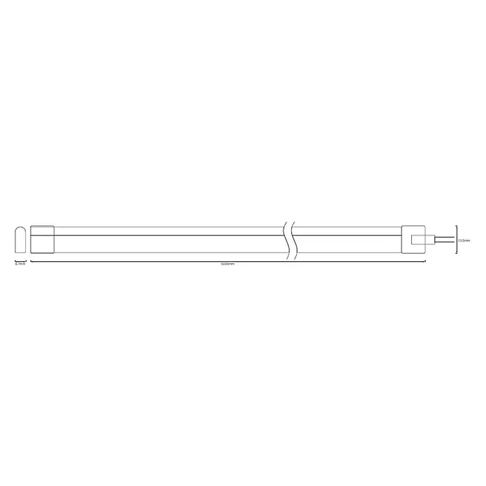 Ledvance LED-Band Outdoor Neon Flex - Länge: 5 m, Lichtfarbe: Warmweiß, 28 W, 1.700 lm - Produktabbildung eines Heizstabes mit den Maßen 5000 mm Länge und 13,5 mm Breite am Anschluss.