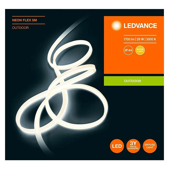 Ledvance LED-Band Outdoor Neon Flex - Länge: 5 m, Lichtfarbe: Warmweiß, 28 W, 1.700 lm - LEDVANCE Neon Flex 5M Outdoor: Flexible LED-Leuchte für den Außenbereich, warmweißes Licht, 1700 Lumen, 29 Watt, 3000 Kelvin, IP44 Schutz.