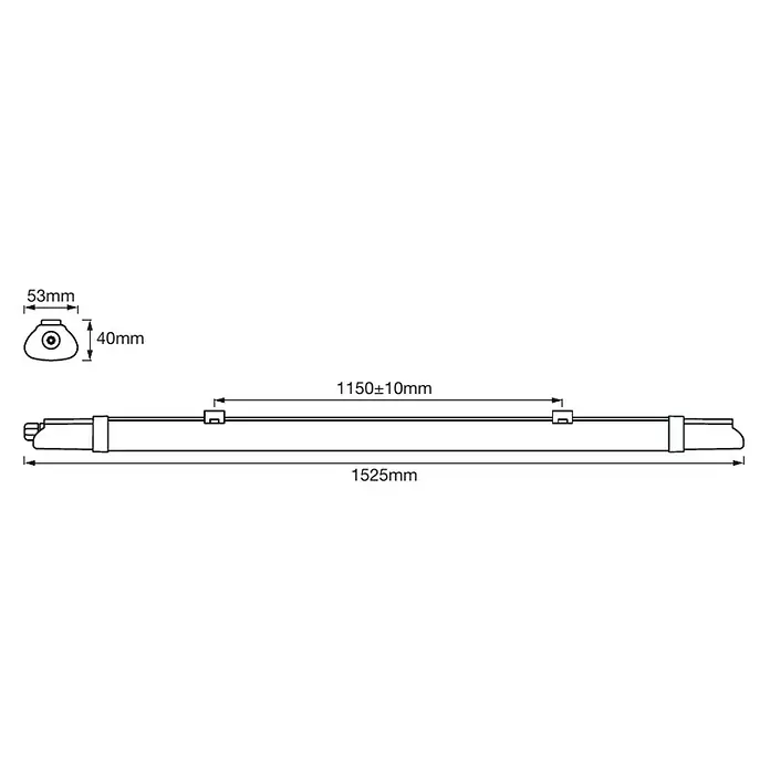Osram Feuchtraumleuchte Submarine Slim - Länge: 152,5 cm, Lichtfarbe: Kaltweiß, 24 W, IP65 - Produktabbildung mit den Maßen 53mm, 40mm, 1150±10mm und 1525mm.