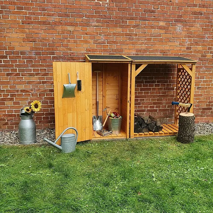 Promadino Kaminholzregal Kombi Speyer - 192 x 69 x 148 cm, Honigbraun - Gartengeräteschrank aus Holz mit offenem Fach zur Aufbewahrung von Holzscheiten und Werkzeugen im Garten.