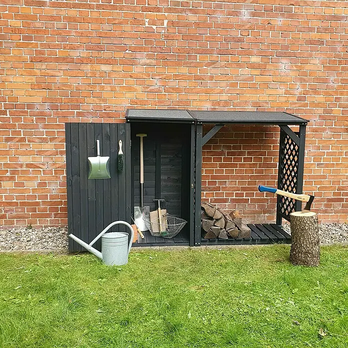 Promadino Kaminholzregal Kombi Speyer - 192 x 69 x 148 cm, Anthrazit - Gartengeräteschrank aus Holz in Schwarz mit Zubehör und Werkzeugen, ideal für die Gartenarbeit.