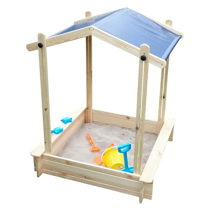 Promadino Sandkasten Peter100 x 99,5 x 13 cm, Kiefer, Höhenverstellbares Dach - Holzsandkasten mit Dach und Spielzeug. Ideal für Kinder zum Spielen und Entdecken im Garten.
