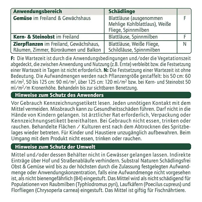 Substral Naturen Schädlingsfrei Obst & Gemüse - 750 ml - Schädlingsbekämpfungsinformationen für Gemüse, Kern- und Steinobst sowie Zierpflanzen mit Anwendungsbereich und Warnhinweisen zum Schutz von Anwendern und Umwelt.