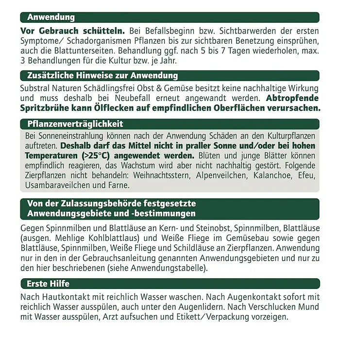 Substral Naturen Schädlingsfrei Obst & Gemüse - 750 ml - Produktetikett mit Anweisungen zur Anwendung, Pflanzenverträglichkeit, Anwendungsgebieten und Sicherheitshinweisen.
