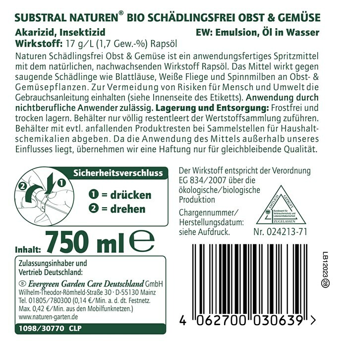 Celaflor Naturen Bio-Schädlingsfrei Obst & Gemüse750 ml Back View