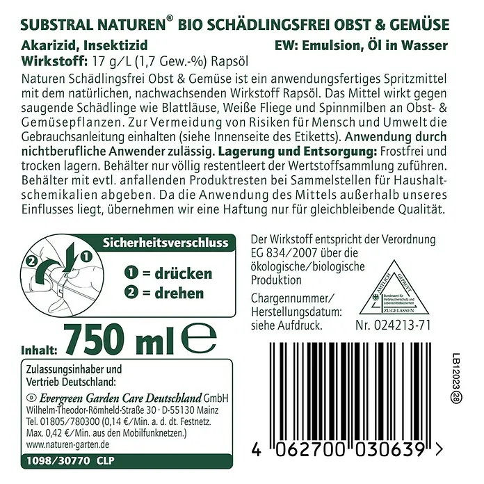 Substral Naturen Schädlingsfrei Obst & Gemüse - 750 ml - Produktetikett von Substral Naturen Bio Schädlingsfrei Obst & Gemüse, einem Akarizid und Insektizid zur Schädlingsbekämpfung auf Rapsölbasis.