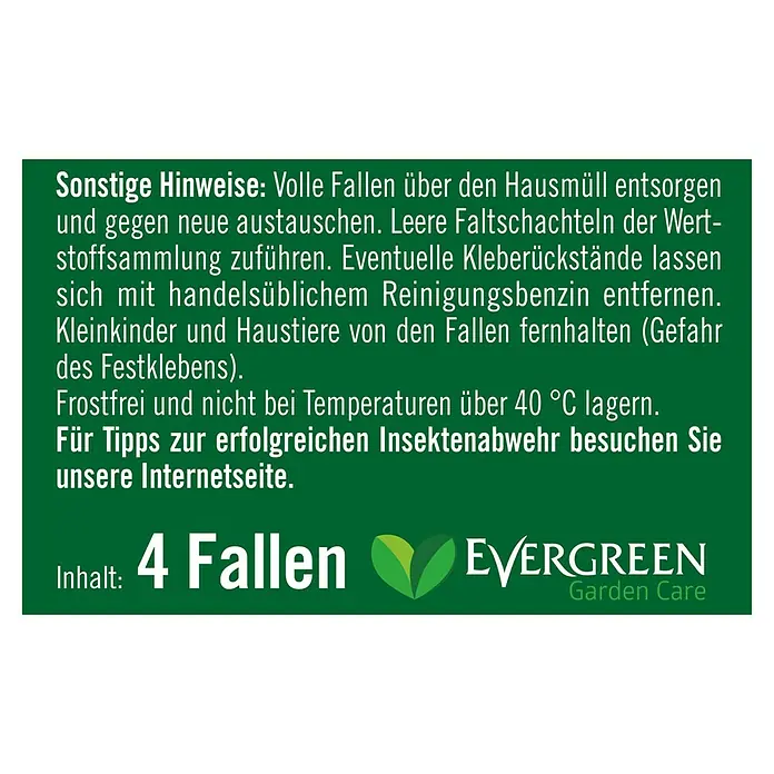 Substral Celaflor Fliegenfalle - 4 Stk. - Abbildung der Evergreen Garden Care Insektenfalle mit wichtigen Hinweisen zur Anwendung und Entsorgung.