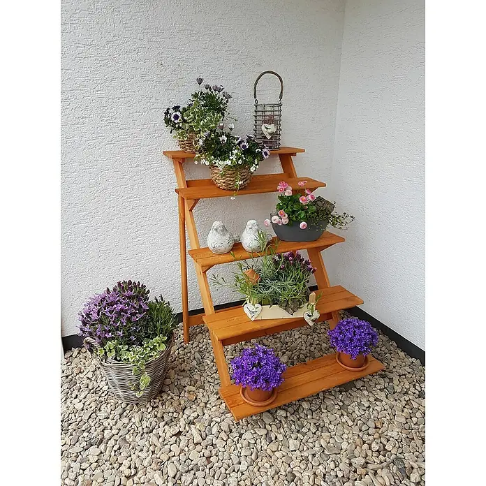 Promadino Blumentreppe - 100 x 78 x 109 cm, Kiefer, Braun - Holzleiterregal mit Blumen in Töpfen, eine charmante Dekoration für den Außenbereich, ideal für Garten oder Terrasse.