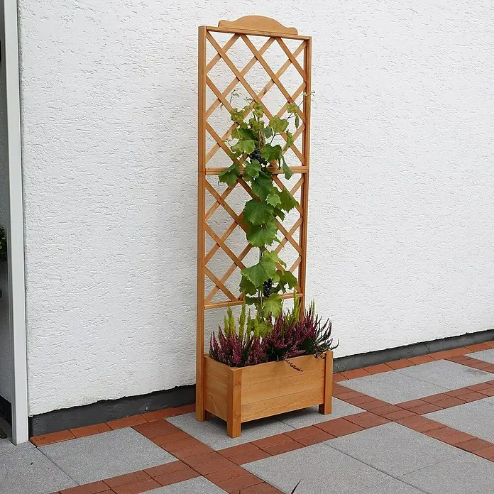 Promadino Pflanzkasten Botanica - Außenmaß (L x B x H): 69 x 32 x 210 cm, Holz, Braun - Holzpflanzkasten mit Rankgitter für Kletterpflanzen. Das perfekte Accessoire für Garten, Terrasse oder Balkon mit lila und grünen Pflanzen.