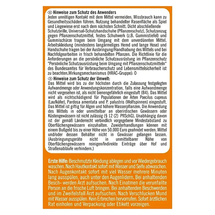 Celaflor Rasen-Unkrautfrei Weedex - 100 ml - Sicherheits- und Umweltinformationen, Erste-Hilfe-Anweisungen für Pflanzenschutzmittel.