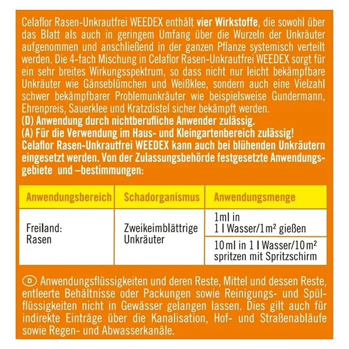 Celaflor Rasen-Unkrautfrei Weedex - 100 ml - Informationen zum Celaflor Rasen-Unkrautfrei WEEDEX, einem Produkt zur Unkrautbekämpfung im Rasen, mit Anwendungsbereichen und Dosierungsanleitungen.