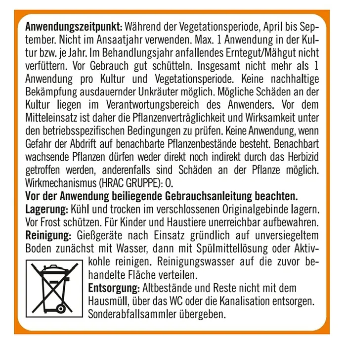 Celaflor Rasen-Unkrautfrei Weedex - 100 ml - Anwendungshinweise und Entsorgungshinweise für ein Pflanzenschutzmittel.