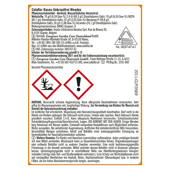 Celaflor Rasen-Unkrautfrei Weedex - 100 ml - Abbildung des Etiketts von Celaflor Rasen-Unkrautfrei Weedex, einem wasserlöslichen Konzentrat zur Unkrautbekämpfung im Rasen.