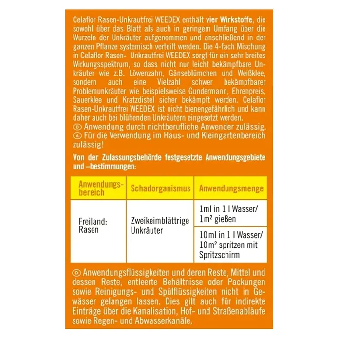 Celaflor Rasen-Unkrautfrei Weedex - 250 ml - Produktetikett von Celaflor Rasen-Unkrautfrei WEEDEX. Das Produkt bekämpft Unkraut und ist für die Anwendung im Haus- und Kleingartenbereich geeignet.