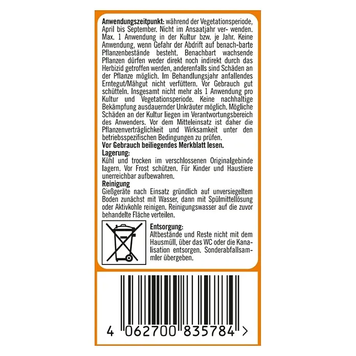 Celaflor Rasen-Unkrautfrei Weedex - 250 ml - Etikett eines Produkts mit Anweisungen zur korrekten Verwendung, Lagerung, Reinigung und Entsorgung des Produkts.