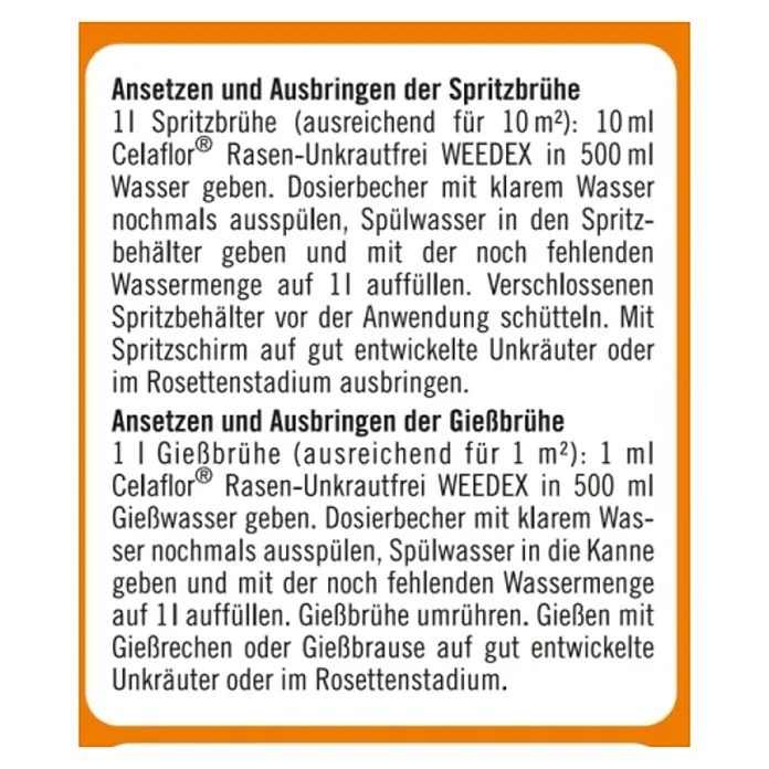 Celaflor Rasen-Unkrautfrei Weedex - 250 ml - Anleitung zur Anwendung von Celaflor Rasen-Unkrautfrei Weedex Spritz- und Gießbrühe für die Unkrautbekämpfung im Rasen.