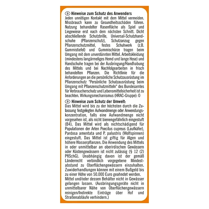 Celaflor Rasen-Unkrautfrei Weedex - 250 ml - Hinweise zum Schutz des Anwenders und der Umwelt beim Umgang mit Pflanzenschutzmitteln.