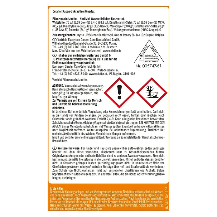 Celaflor Rasen-Unkrautfrei Weedex - 250 ml - Etikett von Celaflor Rasen-Unkrautfrei Weedex, einem wasserlöslichen Herbizid-Konzentrat zur Unkrautbekämpfung auf Rasenflächen, mit Warnhinweisen und Sicherheitshinweisen.