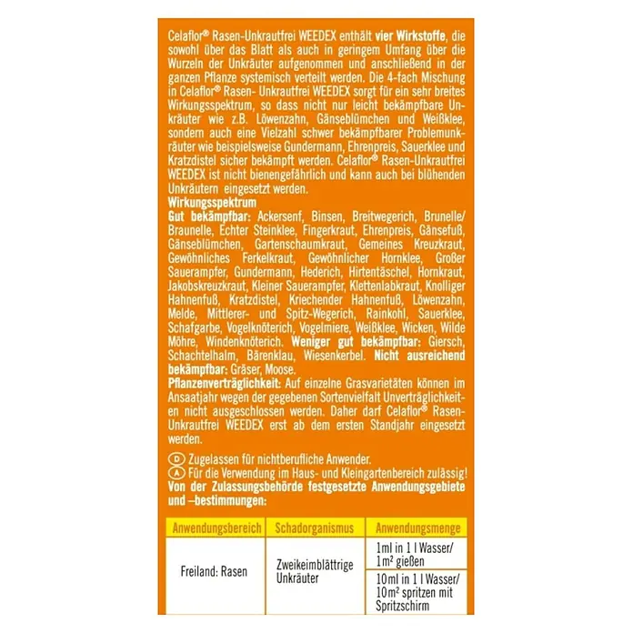 Celaflor Rasen-Unkrautfrei Weedex - 375 ml - Informationen zu Celaflor Rasen-Unkrautfrei WEEDEX: Wirkung, Anwendung und Verträglichkeit des Rasenunkrautvernichters.