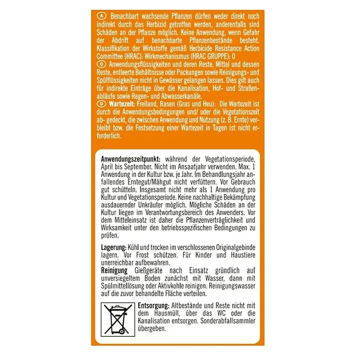 Celaflor Rasen-Unkrautfrei Weedex - 375 ml - Informationen zu Vorsichtsmaßnahmen und Entsorgung des Produkts.