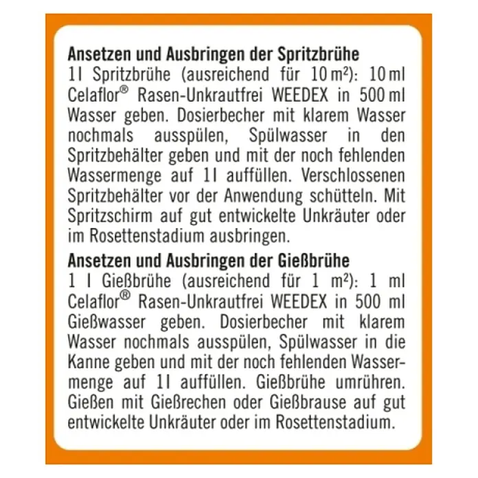 Celaflor Rasen-Unkrautfrei Weedex - 375 ml - Anleitung zur Herstellung und Anwendung von Spritz- und Gießbrühe mit Celaflor Rasen-Unkrautfrei WEEDEX für die Unkrautbekämpfung.
