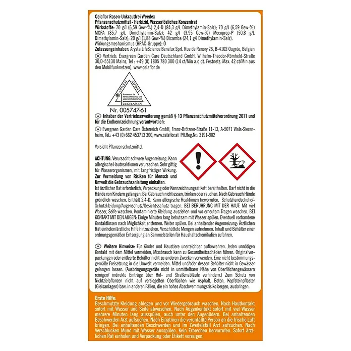 Celaflor Rasen-Unkrautfrei Weedex - 375 ml - Abbildung des Etiketts von Celaflor Rasen-Unkrautfrei Weedex, einem wasserlöslichen Konzentrat zur Unkrautbekämpfung im Rasen.