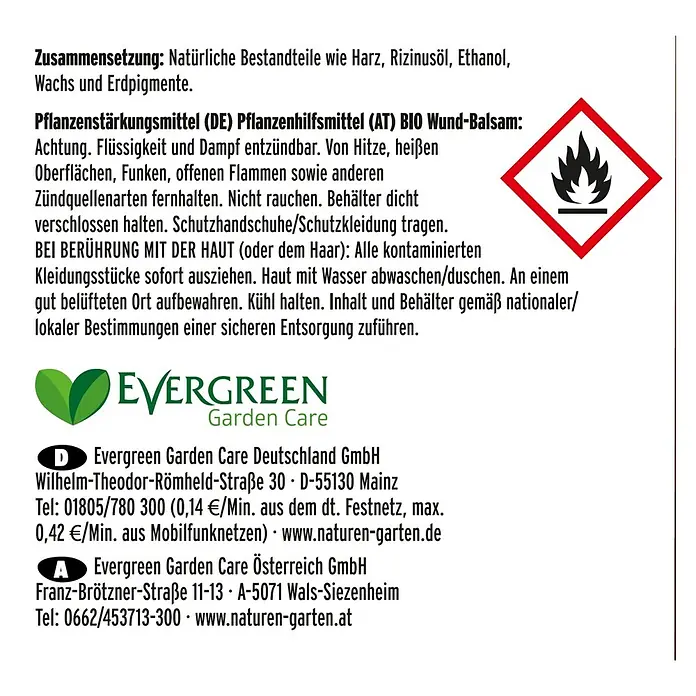 Substral Naturen Bio-Wundbalsam - 150 g - Produktetikett mit Warnhinweisen und Informationen zu Inhaltsstoffen und Kontaktdaten von Evergreen Garden Care.