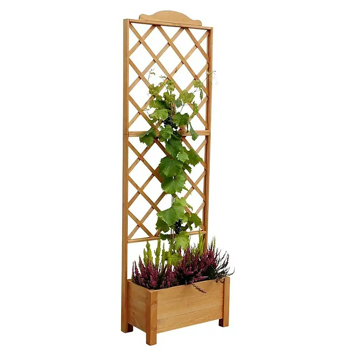Promadino Pflanzkasten Botanica - Außenmaß (L x B x H): 69 x 32 x 210 cm, Holz, Braun - Hölzerne Pflanzkasten-Rankhilfe mit Weinrebe und Heidekraut, ideal für Garten oder Terrasse. Perfekt für Kletterpflanzen und dekorative Blumen.