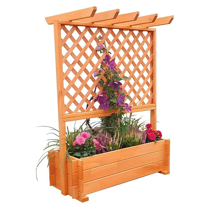 Promadino Pflanzkasten mit Pergola - Außenmaß (L x B x H): 112 x 65 x 139 cm, Holz, Honigbraun - Ein Holzpflanzkasten mit Rankgitter und bunten Blumen. Ideal für Gartenliebhaber. Ein echter Hingucker für jeden Außenbereich.
