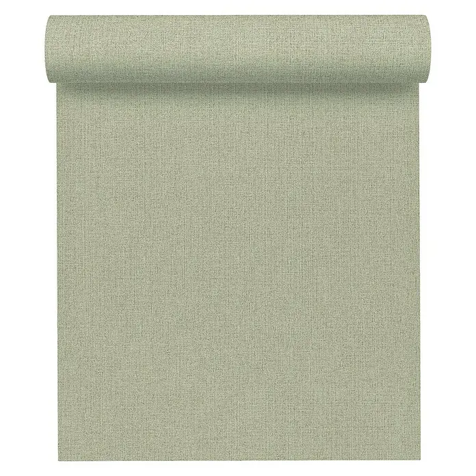 A.S. Création Hygge Vliestapete - Grün, Uni, 10,05 x 0,53 m - Eine Rolle hellgrüner Stofftapete mit einer subtilen Textur, die sich ideal für die Wandgestaltung eignet.