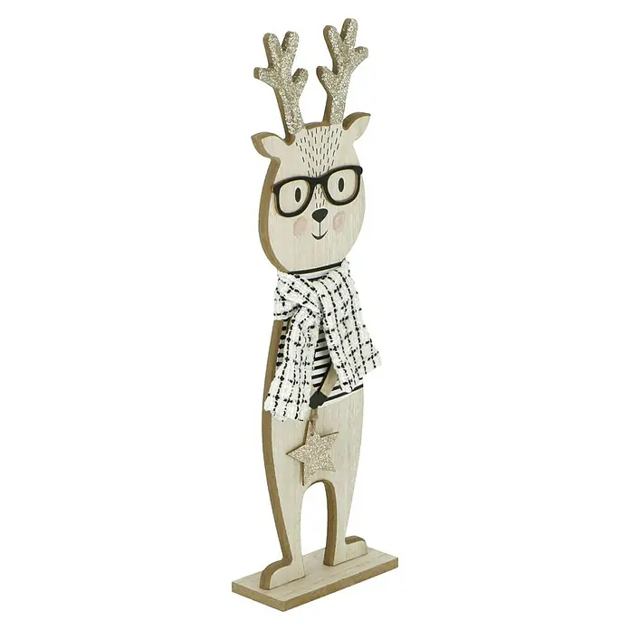Dekofigur Rentier mit Brille - L x B x H: 13 x 58 x 8 cm, Braun, Holz - Dekorativer Holz-Rentier mit glitzerndem Geweih, Brille und Schal. Eine festliche Ergänzung für jede Weihnachtsdekoration, die Wärme und Stil bringt.