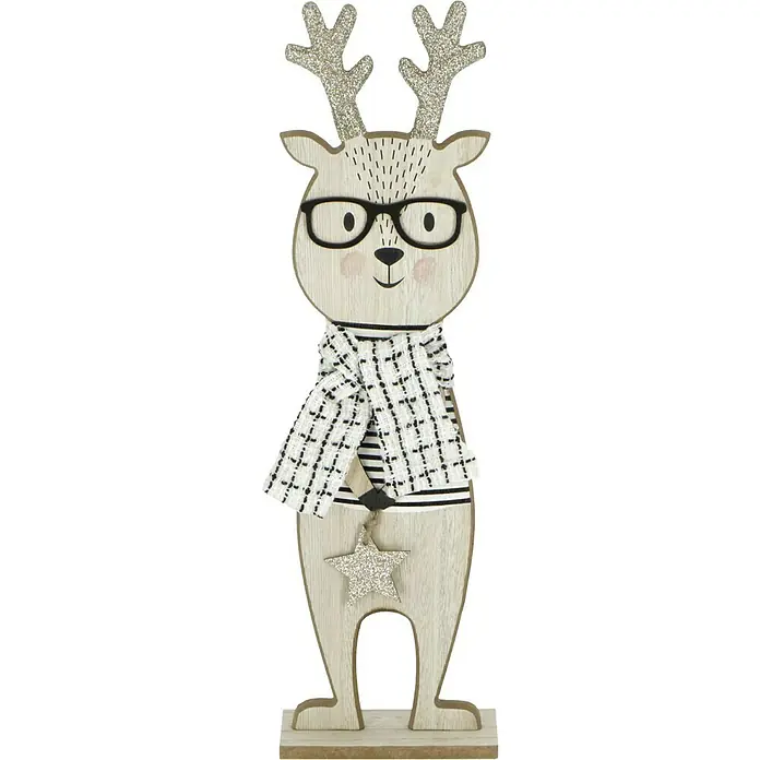 Dekofigur Rentier mit Brille - L x B x H: 13 x 58 x 8 cm, Braun, Holz - Niedliche Weihnachtsdekoration: Ein hölzerner Weihnachtselch mit Brille, Schal und glitzerndem Geweih bringt festliche Stimmung in Ihr Zuhause.