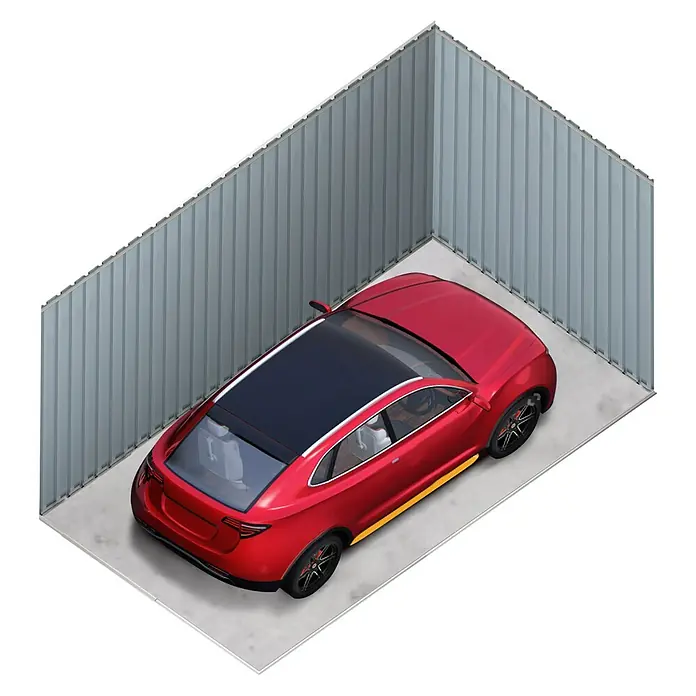 Hoggar Garaje Tonsberg - Medidas ext. (An x Pr): 300 x 602 cm, Antracita, Aluminio - Un coche rojo está aparcado en un almacén, con paredes grises. Solución de almacenamiento segura.